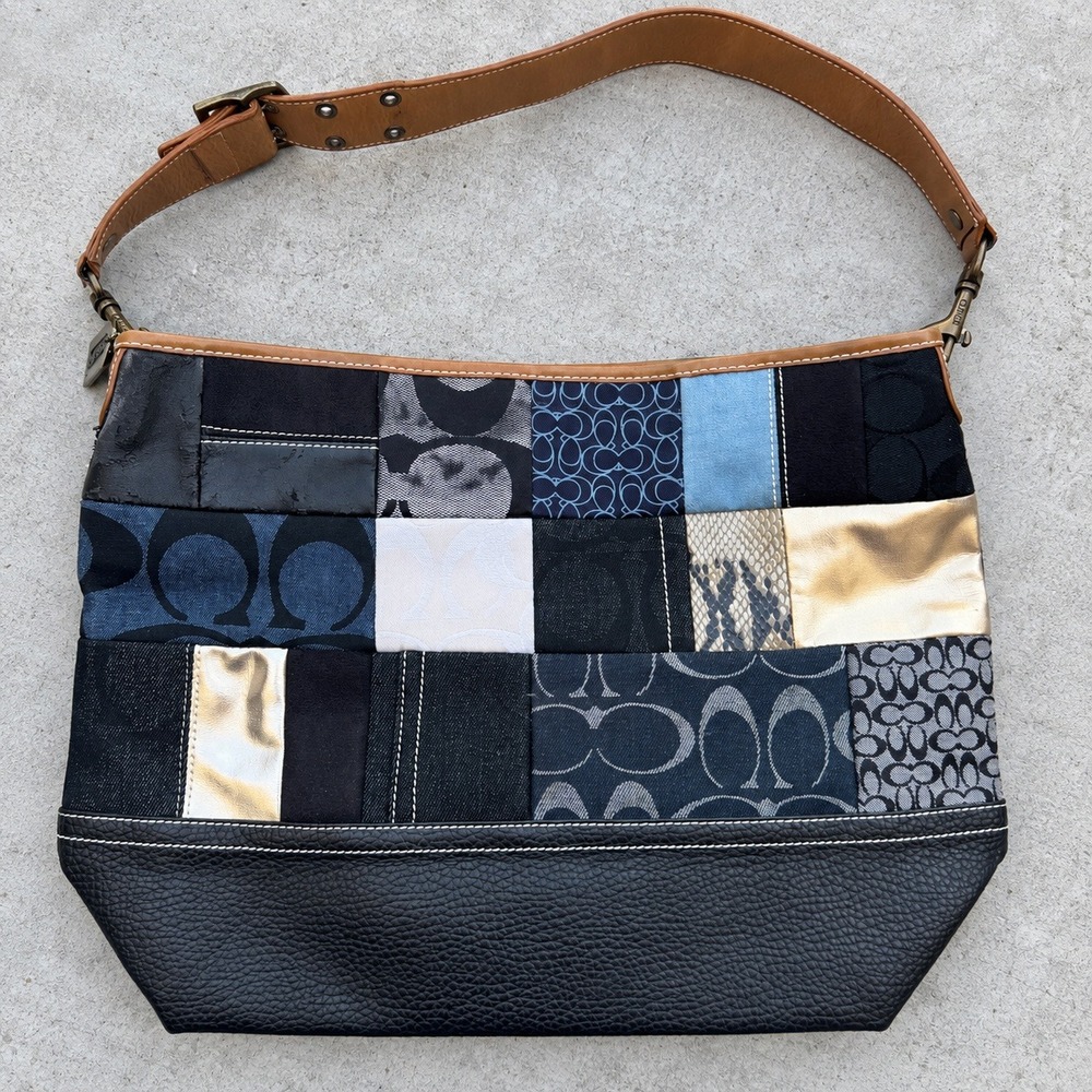 Coach Patchwork Hobo Shoulder Bag Mixed Leather Denim Monogram 6094 Vintage